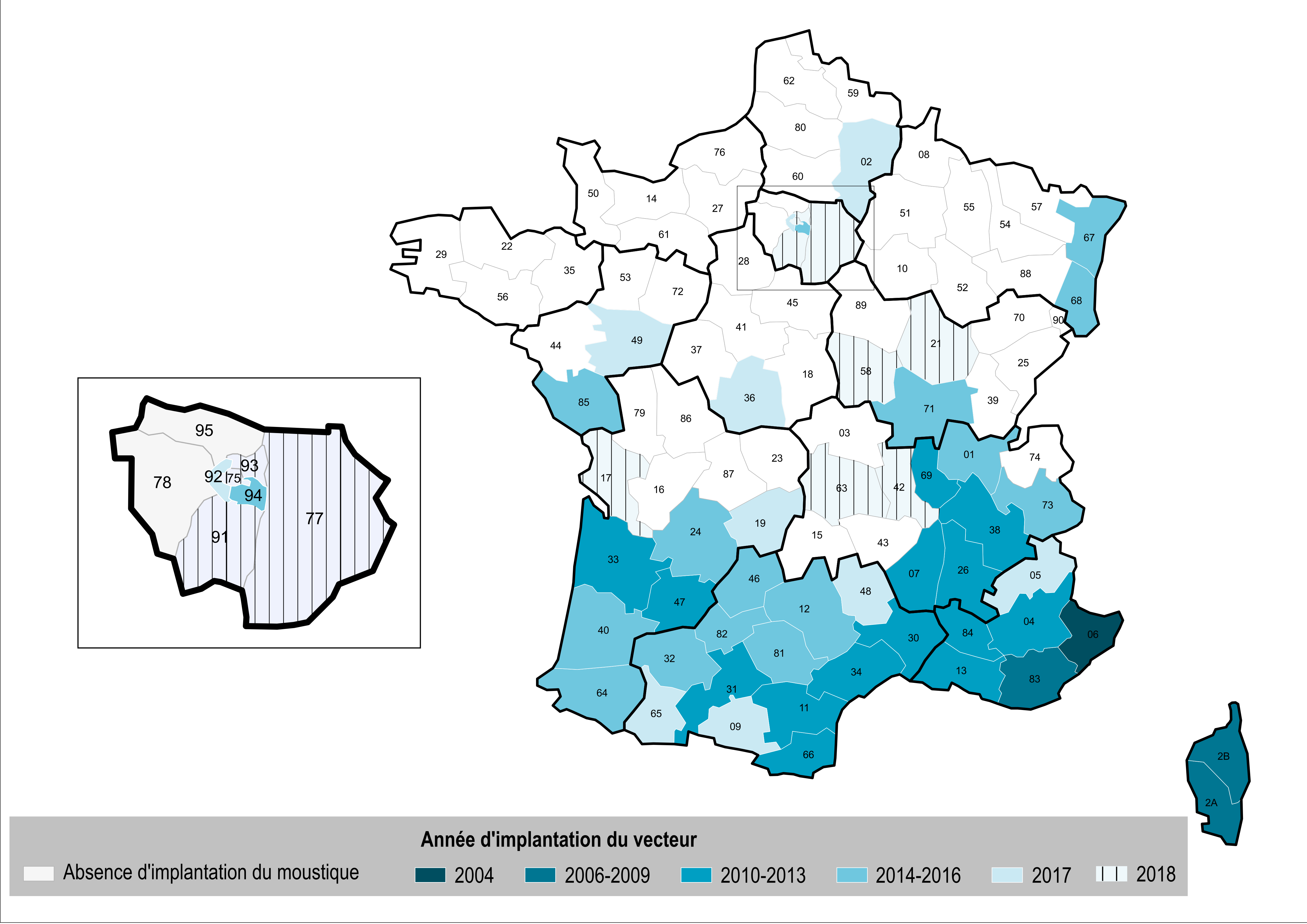 Département et année d'implantation du vecteur Aedes albopictus en France métropolitaine