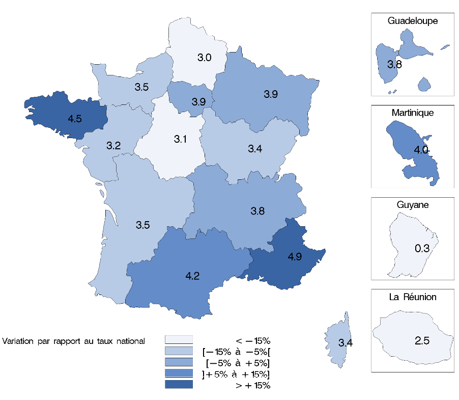 Prévalences régionales de personnes souffrant de schizophrénie prises en charge par le système de soins en 2014 (prévalence pour 1 000)