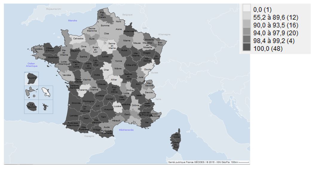 Figure 2 - Proportion de passages aux urgences enregistrés par réseau OSCOUR® parmi l’ensemble des passages référencés par la Statistique annuelle des établissements (SAE) en 2019, par département, France