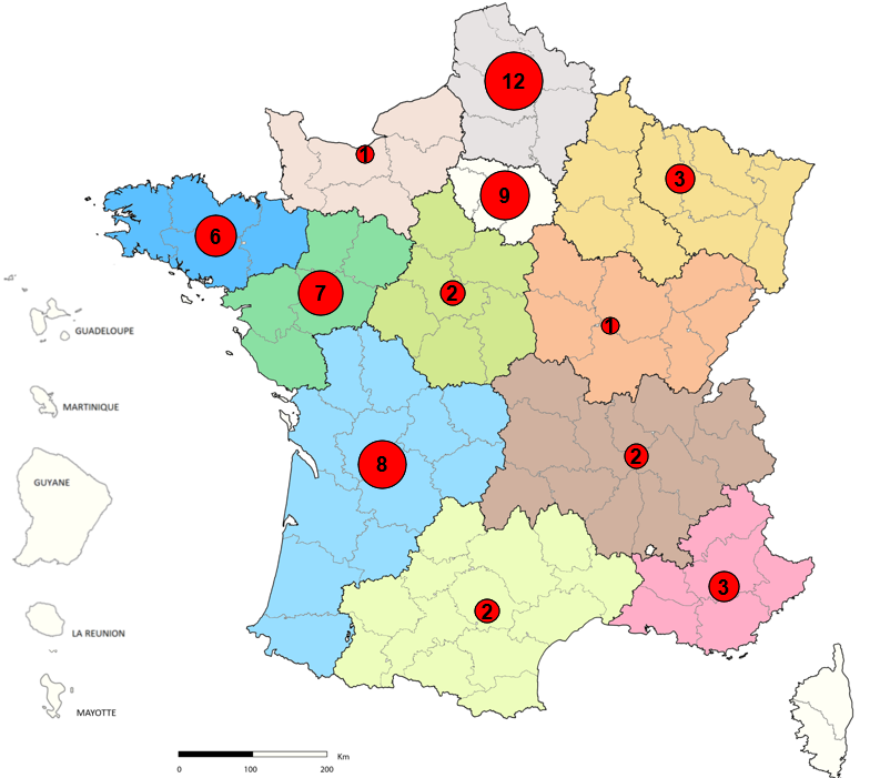 Figure 2 : Distribution géographique des cas confirmés de SHU et d’infections à STEC (N=56) en lien avec la consommation de pizzas Fraîch’Up de marque Buitoni®, par région de résidence France métropolitaine, semaines 3 à 14, 2022