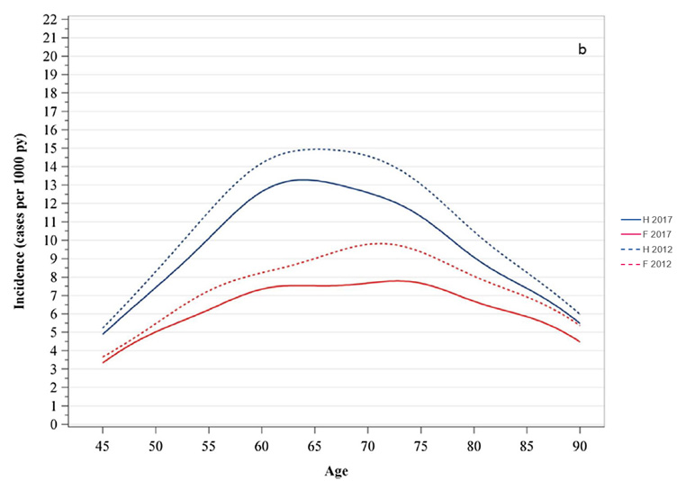 Evolution of the incidence of diabetes treated with medication between 2012 and 2017 in France in adults aged 45 and over, by sex