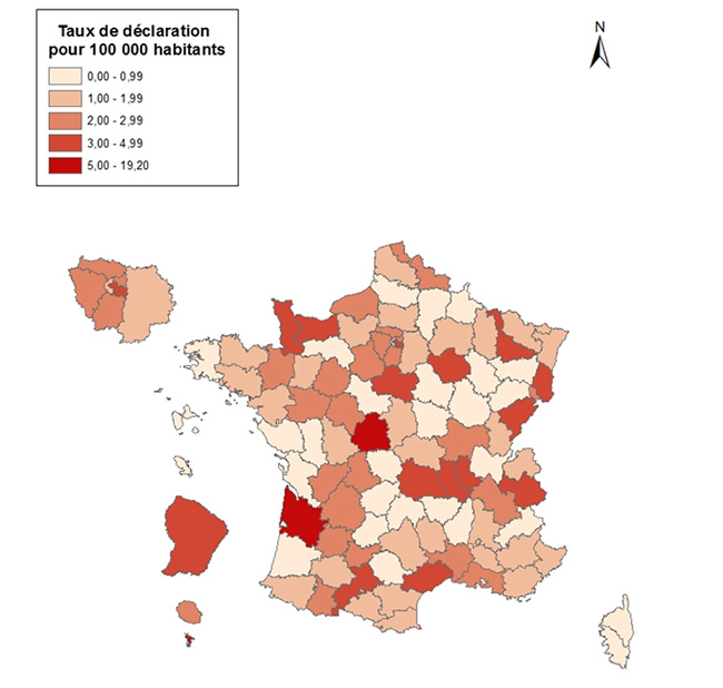 Taux de déclaration d’hépatite aiguë A par département, France entière, 2018