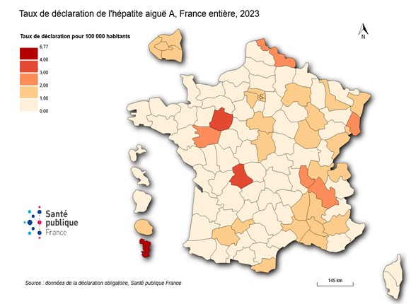 Taux de déclaration (pour 100 000 habitants) d’hépatite aiguë A par département, France entière, 2023