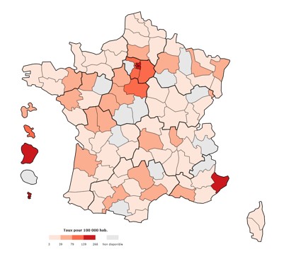 Nombre de personnes diagnostiquées positives pour l’Ag HBs pour 100 000 habitants, par département, France, LaboHEP 2021