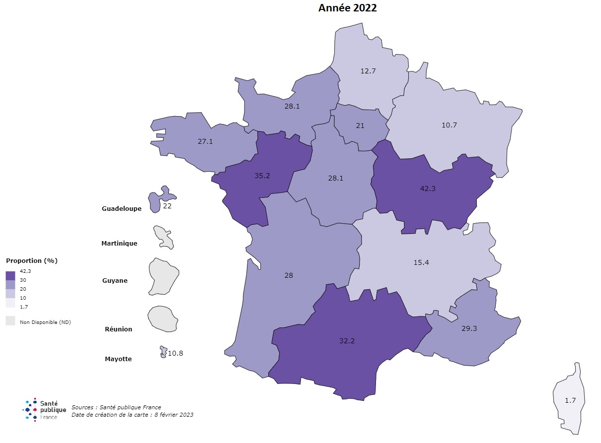 Figure 4. Répartition régionale des proportions de professionnels travaillant en établissements de santé infectés pendant les 3 ans de la pandémie COVID-19, France, 2022