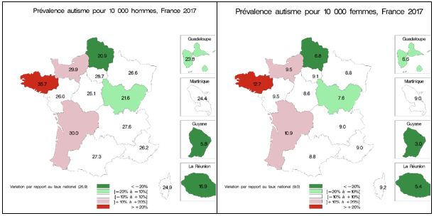 Prévalences estimées à partir du recours aux soins pour TED selon la région (pour 10 000 habitants), standardisées sur l’âge, France, 2017