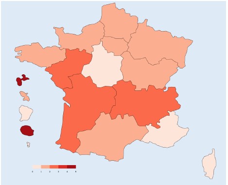 Distribution du nombre de TIAC déclarées aux ARS et/ou aux DD(CS)PP pour 100 000 habitants par région - France, 2021