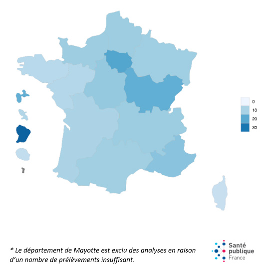 Estimations de séroprévalence (%) des infections à SARS-CoV-2 par région, semaine 6 de 2021 (8 au 14 février), France