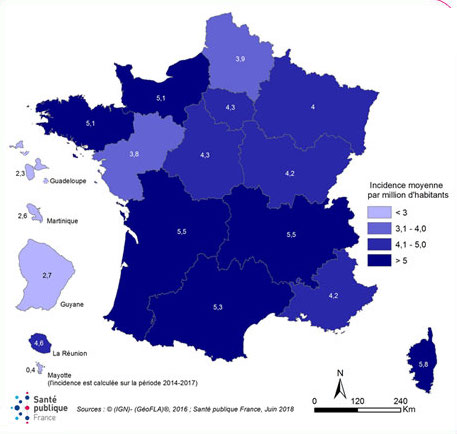 ncidence départementale moyenne de la listériose par millions d’habitants de 1999 à 2017 / nouvelles régions