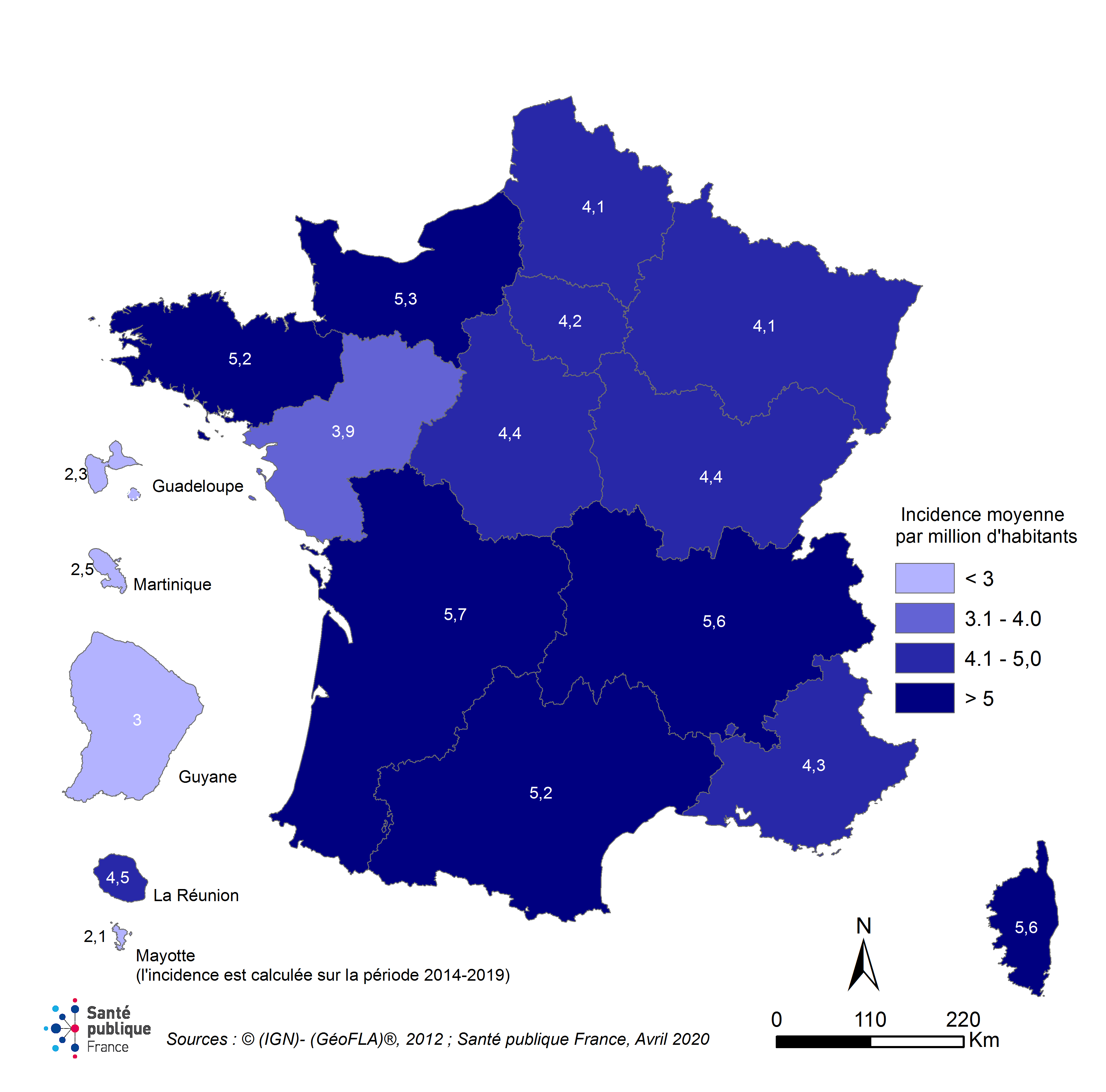 Incidence régionale moyenne de la listériose par millions d’habitants de 1999 à 2019 / nouvelles régions