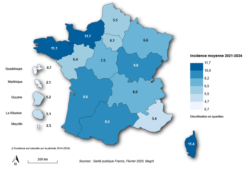 Incidence régionale moyenne de la listériose par millions d’habitants de 2021 à 2024