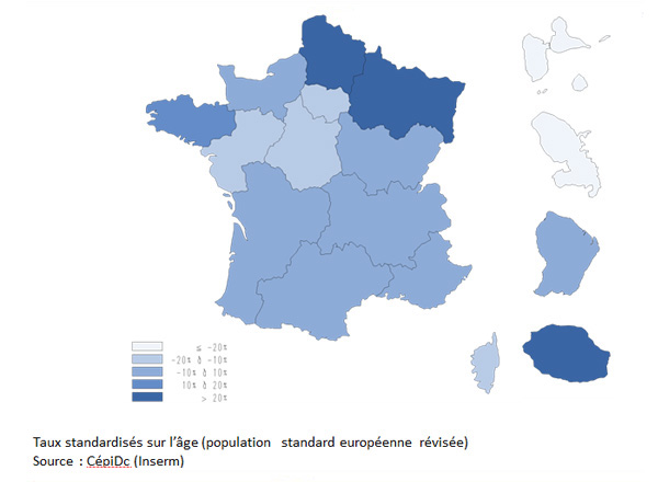 Variations régionales de la mortalité par BPCO, adultes ≥45 ans, 2013-2014