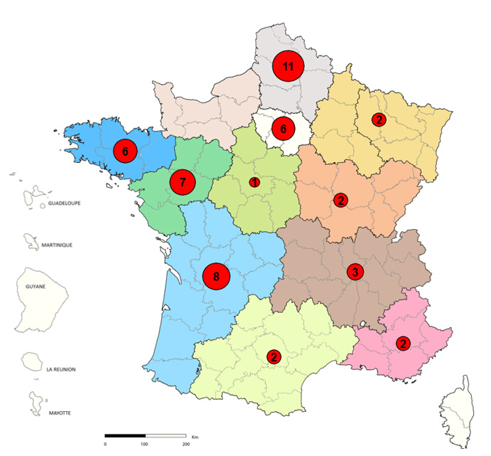 Figure 2 : Distribution géographique des cas confirmés de SHU et d’infections à STEC en lien avec la consommation de pizzas Fraîch’Up de marque Buitoni®, par région de résidence - France métropolitaine, semaines 3 à 11, 2022