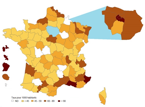 Nombre de tests Ac anti-VHC réalisés pour 1 000 habitants, par département, LaboHep 2016, France