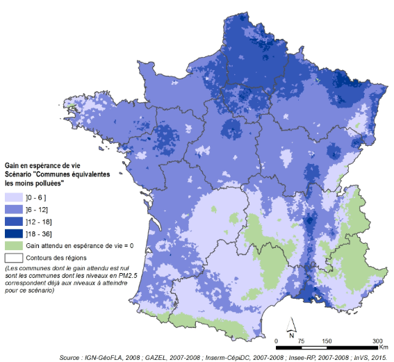 Gain en espérance de vie à 30 ans (en mois) par commune pour une réduction des niveaux de PM2.5 au niveau des communes équivalentes les moins polluées, période d’étude 2007-2008