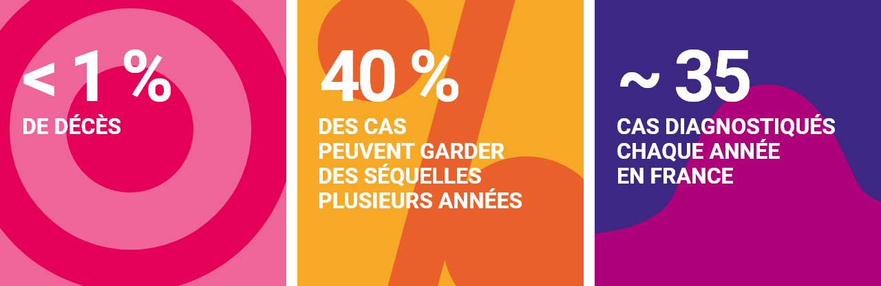 <1% de décès / Jusqu’à 40% des cas gardent des séquelles plusieurs années / environ 35 cas sont diagnostiqués chaque année en France