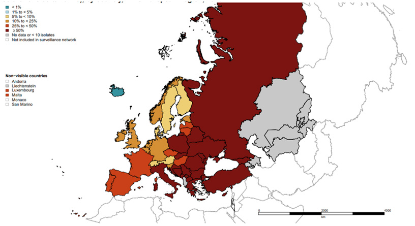 Figure - Proportion de résistance aux céphalosporines de 3e génération chez les souches de Klebsiella pneumoniae isolées d’infections invasives, Europe, 2020