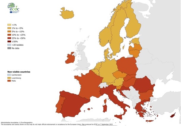 Proportion de résistance à la methicilline chez les souches de Staphylococcus aureus isolées d’infections invasives, Europe, 2022