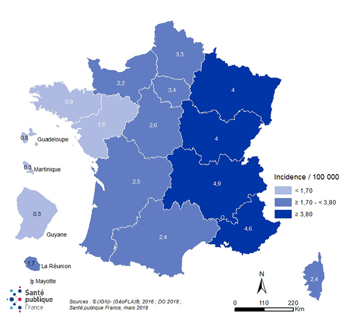 Figure 2. Distribution du taux d’incidence standardisé* de la légionellose selon la région de domicile en France métropolitaine, 2018
