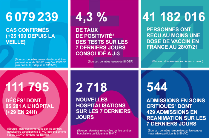COVID-19 - Les chiffres clés en France au 29/07/2021