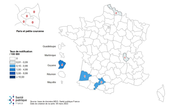Incidence cumulée et nombre de cas de rougeole déclarés par département de résidence, France, 1er janvier au 31 décembre 2021 (n = 11 cas, non inclus 5 cas importés)