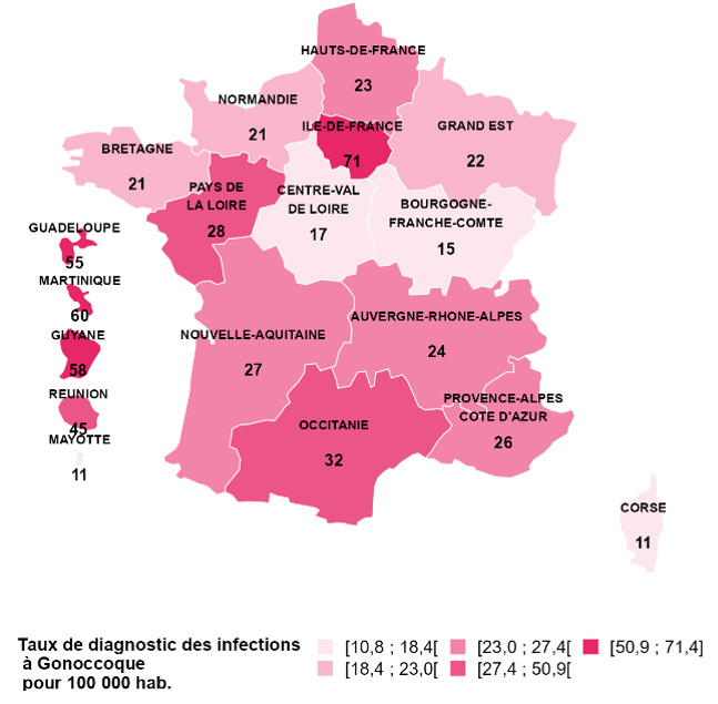 Taux d’incidence des diagnostics d’infection à gonocoque en secteur privé par région de domicile (personnes diagnostiquées au moins une fois dans l'année pour 100 000 habitants), France, 2023