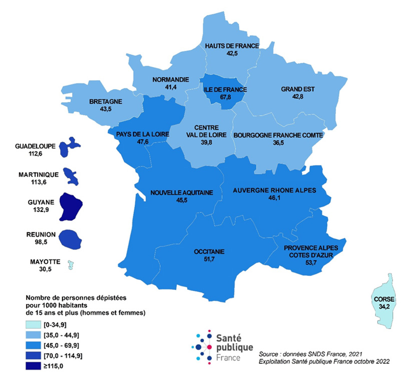 Figure 2 - Taux de dépistage de la syphilis par région chez les 15 ans et plus (personnes dépistées au moins une fois dans l'année pour 1 000 habitants), secteurs public hors hospitalisations et privé, France, 2021