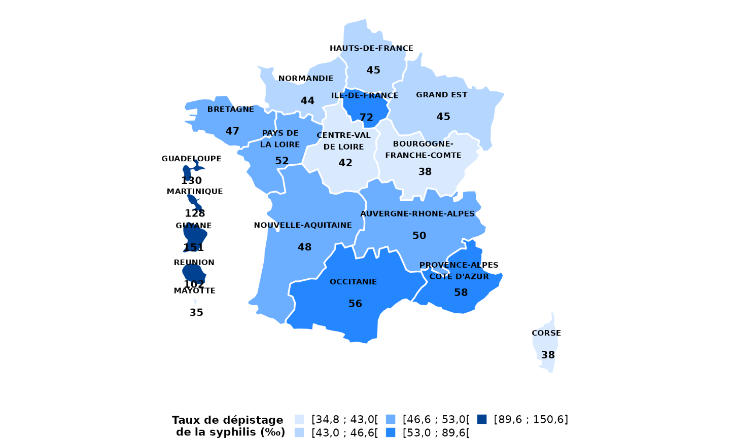 Figure 2 : Taux de dépistage de la syphilis par région de domicile chez les 15 ans et plus (personnes dépistées au moins une fois dans l'année pour 1 000 habitants), France, 2022