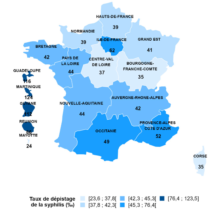 Taux de dépistage de la syphilis par région de domicile (personnes dépistées au moins une fois dans l'année pour 1 000 habitants), France, 2023