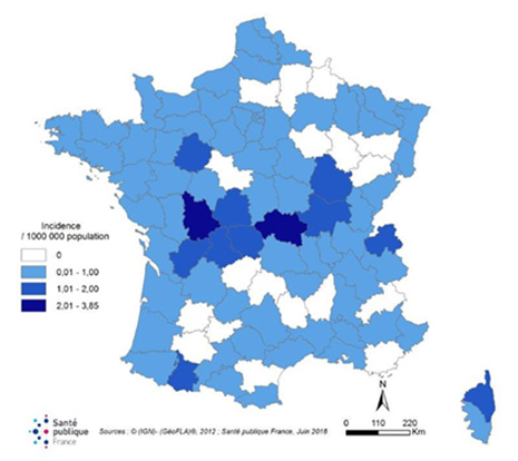 Cartographie de l’incidence annuelle du botulisme par département en France, 1991-2017