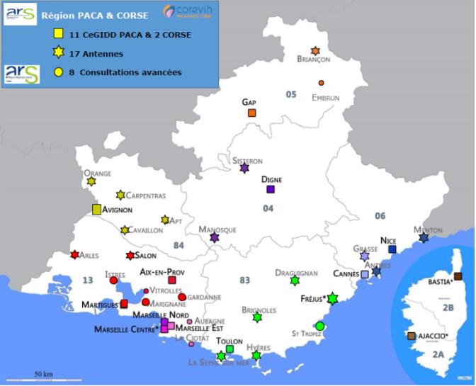 La cartographie des Centres Gratuit d’information, de Dépistage et de Diagnostic des infections par les virus de l’immunodéficience humaine, des hépatites virales et des infections sexuellement transmissible (CeGIDD) en Paca Corse