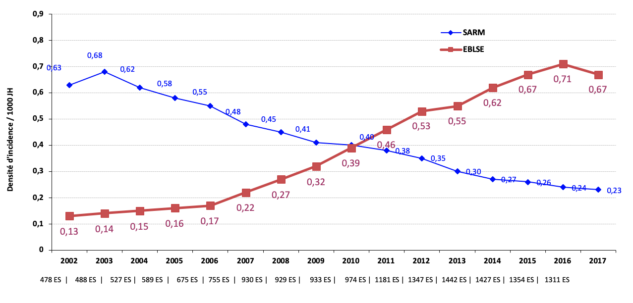 Densités d’incidence des SARM et des EBLSE pour 1 000 JH entre 2002 et 2017