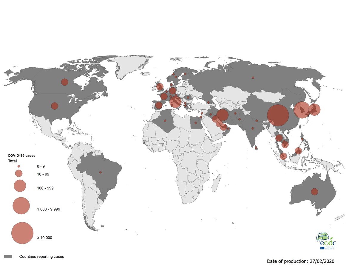 Répartition mondiale des cas confirmés de COVID-19, 27 février 2020, 11h30