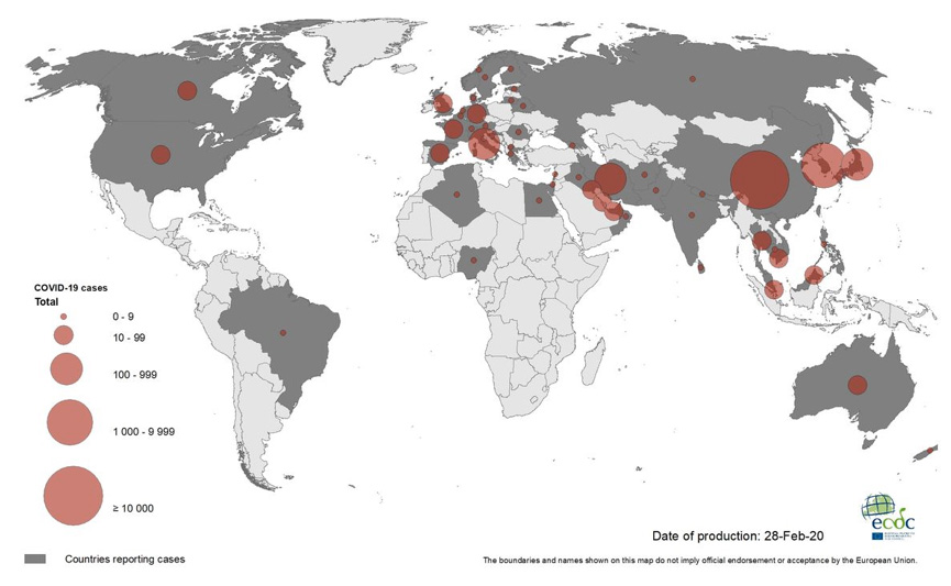 Répartition mondiale des cas confirmés de COVID-19, 28 février 2020, 11h30