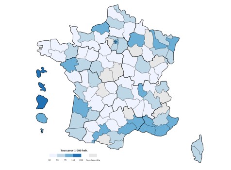 Nombre de tests Ac anti-VHC réalisés pour 1 000 habitants, par département, LaboHEP 2021, France