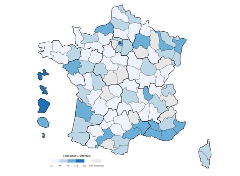 Nombre de tests Ac anti-VHC réalisés pour 1 000 habitants, par département, LaboHEP 2021, France