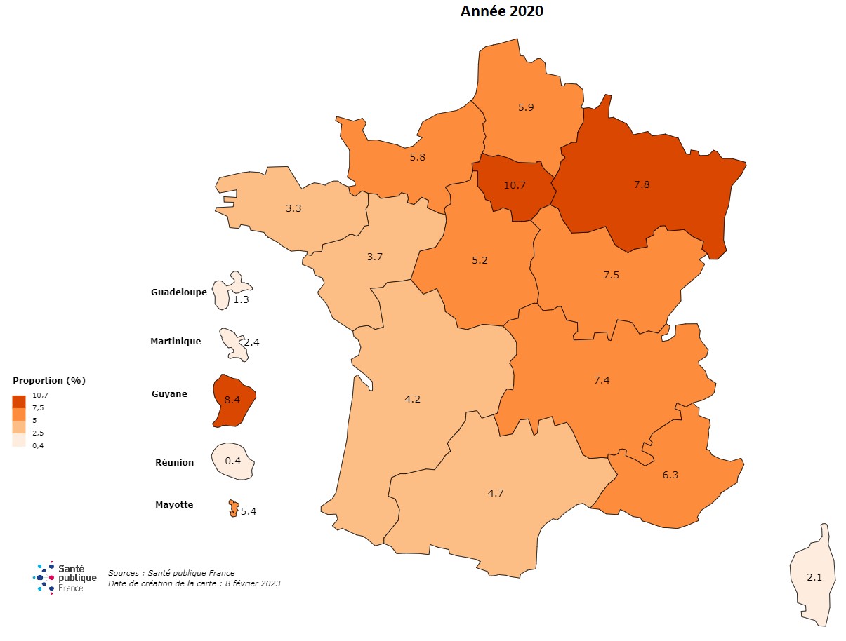 Figure 2. Répartition régionale des proportions de professionnels travaillant en établissements de santé infectés pendant les 3 ans de la pandémie COVID-19, France, 2020
