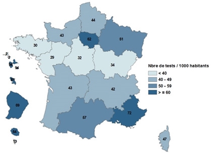 Activité de dépistage des Ac anti-VHC (tests / 1 000 habitants), par région, France, 2016