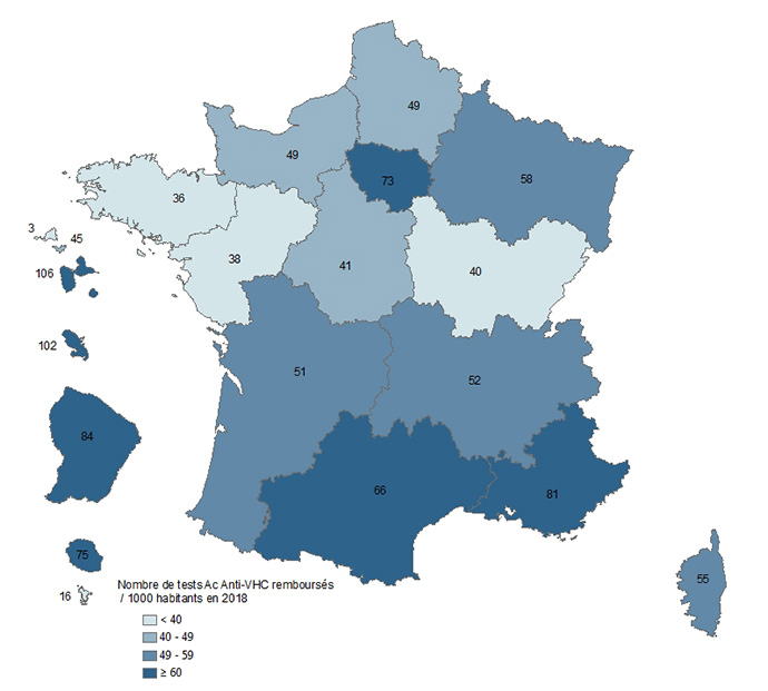 Activité de dépistage des Ac anti-VHC (tests / 1 000 habitants), par région, France, 2018 (tous régimes)