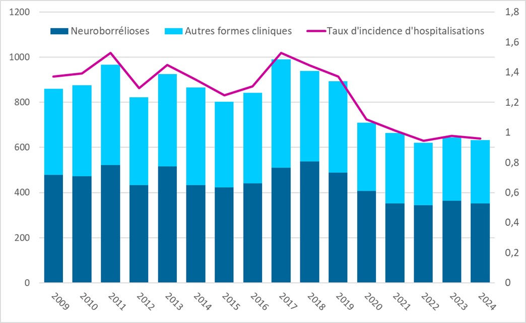 Évolution annuelle du nombre de cas de neuroborrélioses et d’autres formes cliniques, ainsi que du taux d’incidence des hospitalisations associées, entre 2009 et 2024. Les neuroborrélioses (partie inférieure des barres) montrent une relative stabilité, tandis que les autres formes cliniques (partie supérieure des barres) varient modérément. Le taux d’incidence des hospitalisations, représenté séparément, atteint un pic vers 2018 avant de diminuer progressivement jusqu’en 2024.
