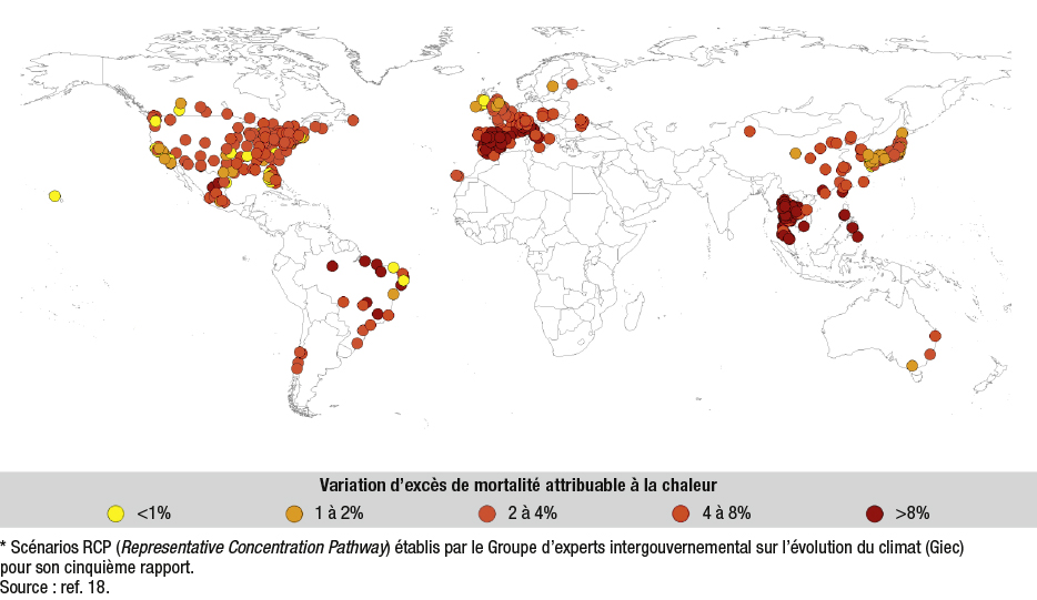 Mortalité attribuable à la chaleur en 2090-2099 vs 2010-2019