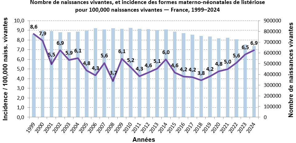 Nombre de naissances vivantes, et incidence des formes materno-néonatales de listériose pour 100,000 naissances vivantes - France, 1999–2024