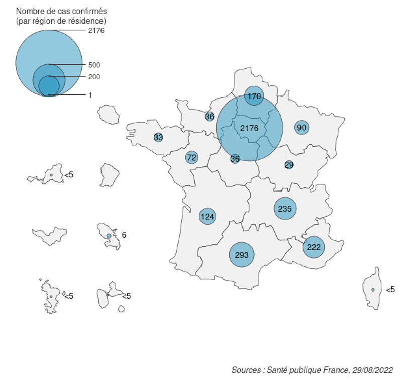 Figure 1. Cas confirmés biologiquement de variole du singe (n=3 527 cas) par région de résidence (ou par région de signalement lorsque la région de résidence est inconnue), France, mai-août 2022 (données au 29/08/2022 – 12h00)