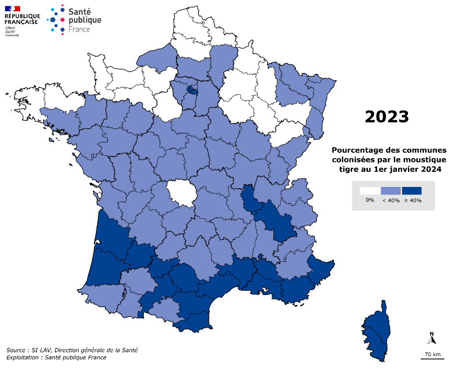 Figure 1. carte représentant le pourcentage de communes colonisées par le moustique tigre au 1er janvier 2024