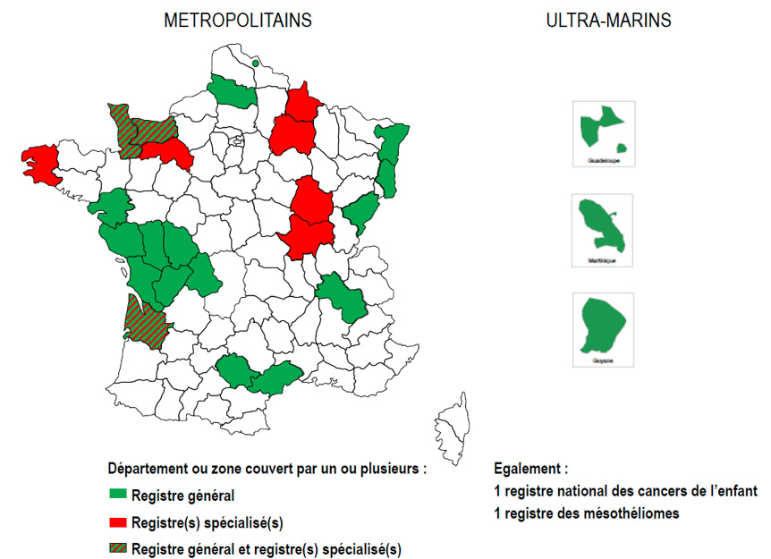 Carte des départements couverts par un registre des cancers général ou spécialisé (métropole : registres dont les données sont utilisées pour la surveillance nationale des cancers, juillet 2023)