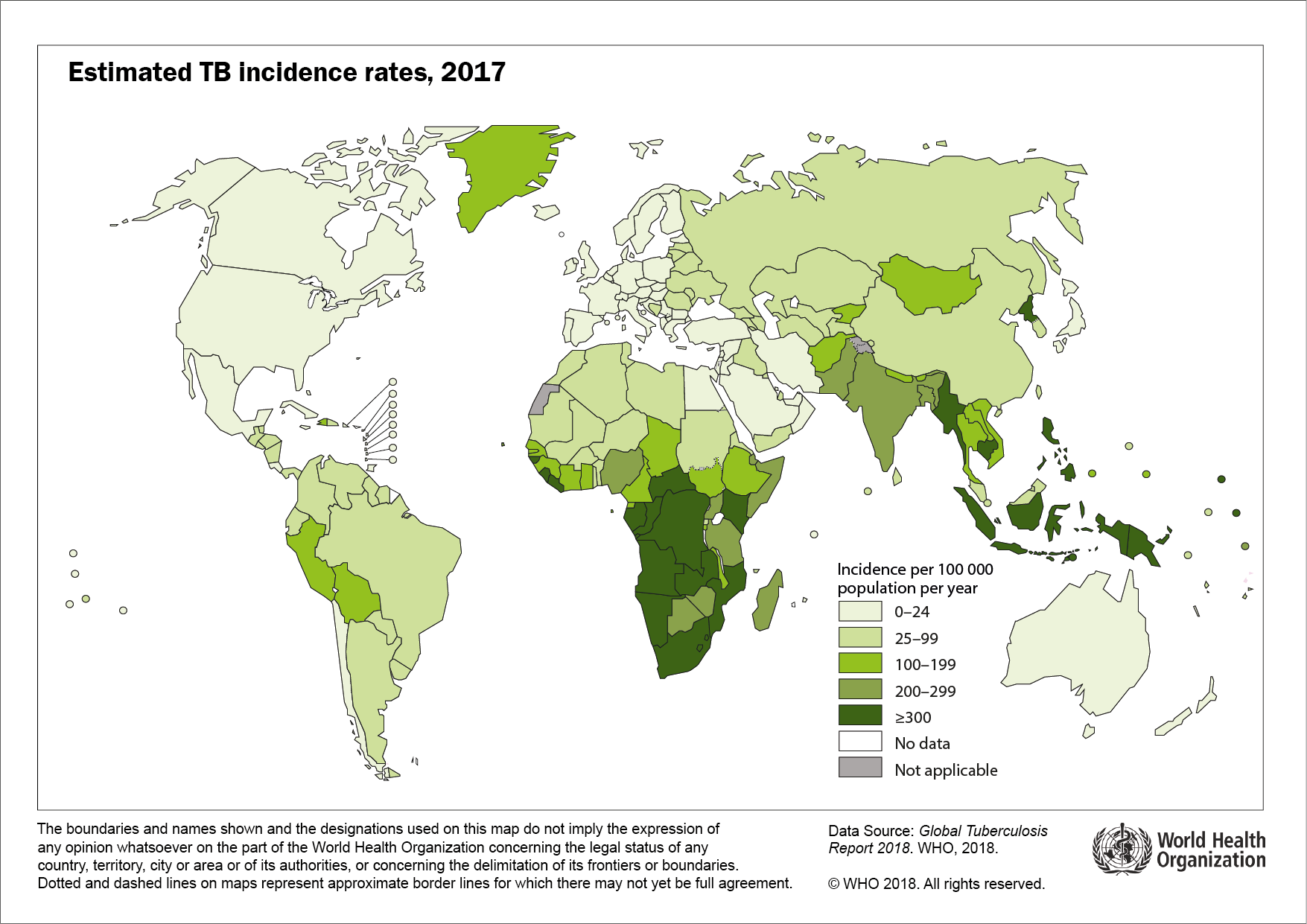 Taux d'incidence estimés de tuberculose pour 100 000, OMS, 2017