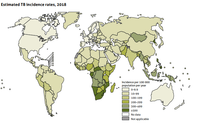 Taux d'incidence estimés de tuberculose pour 100 000, OMS, 2018