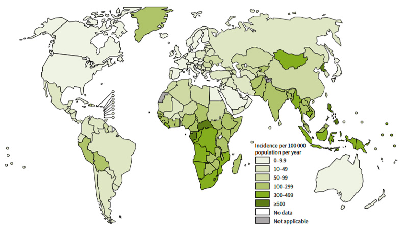 Taux d'incidence estimés de tuberculose pour 100 000, OMS, 2022