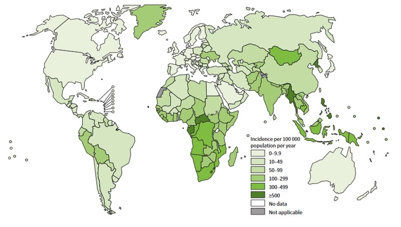 Taux d'incidence estimés de tuberculose pour 100 000, OMS, 2023