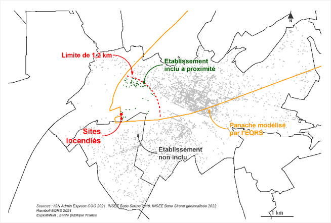 Carte de la zone d'étude de proximité autour de l'incendie industriel de Rouen